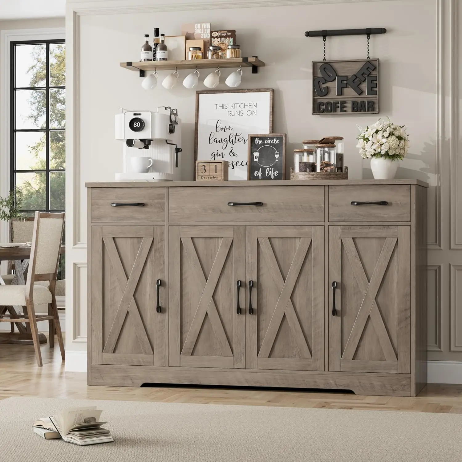 55' Buffet Sideboard Cabinet with Drawers & Shelves, Modern Farmhouse Coffee Bar in Ash Grey