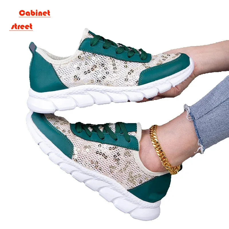 Mesh Flash Sports Women's Flat Shoes Plus Size Spring Summer Hollow Breathable Fashion Lace-up Light Casual Shoes Platform Pumps