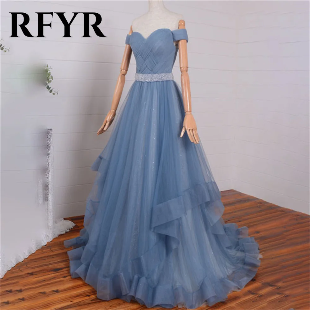 

RFYR Blue A-line Evening Dresses Corset Off The Shoulder Sweetheart Tulle Prom Dress with Pleat Tiered 프롬드레스 Long Party Dress