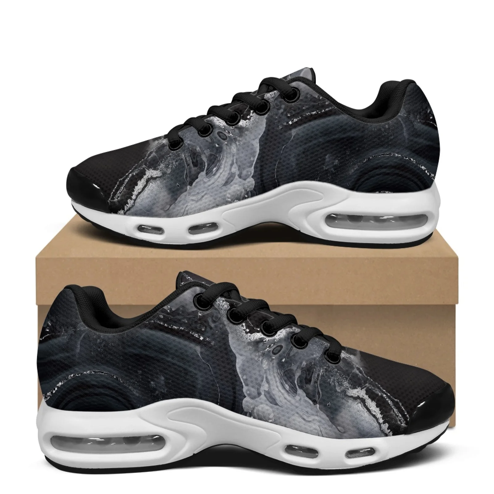 PENSTROLL Air Cushion Sports Walking Shoes White Sole Lace Up Sneakers for Gym Adult Black Water Splash