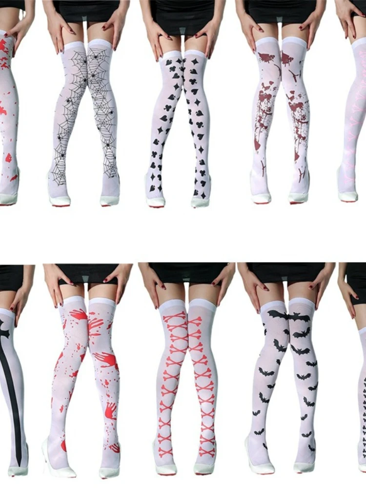 Halloween Mixed‑style Thigh High Socks Women Spider Web Bat Blood Print Over‑the‑Knee Stockings Cosplay Party Costume Hosiery
