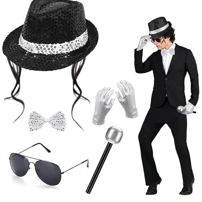 2026 Michael Jackson Costume Accessories Set Sequin Fedora Hat Gloves Sunglasses Halloween Carnival Party Cosplay Props