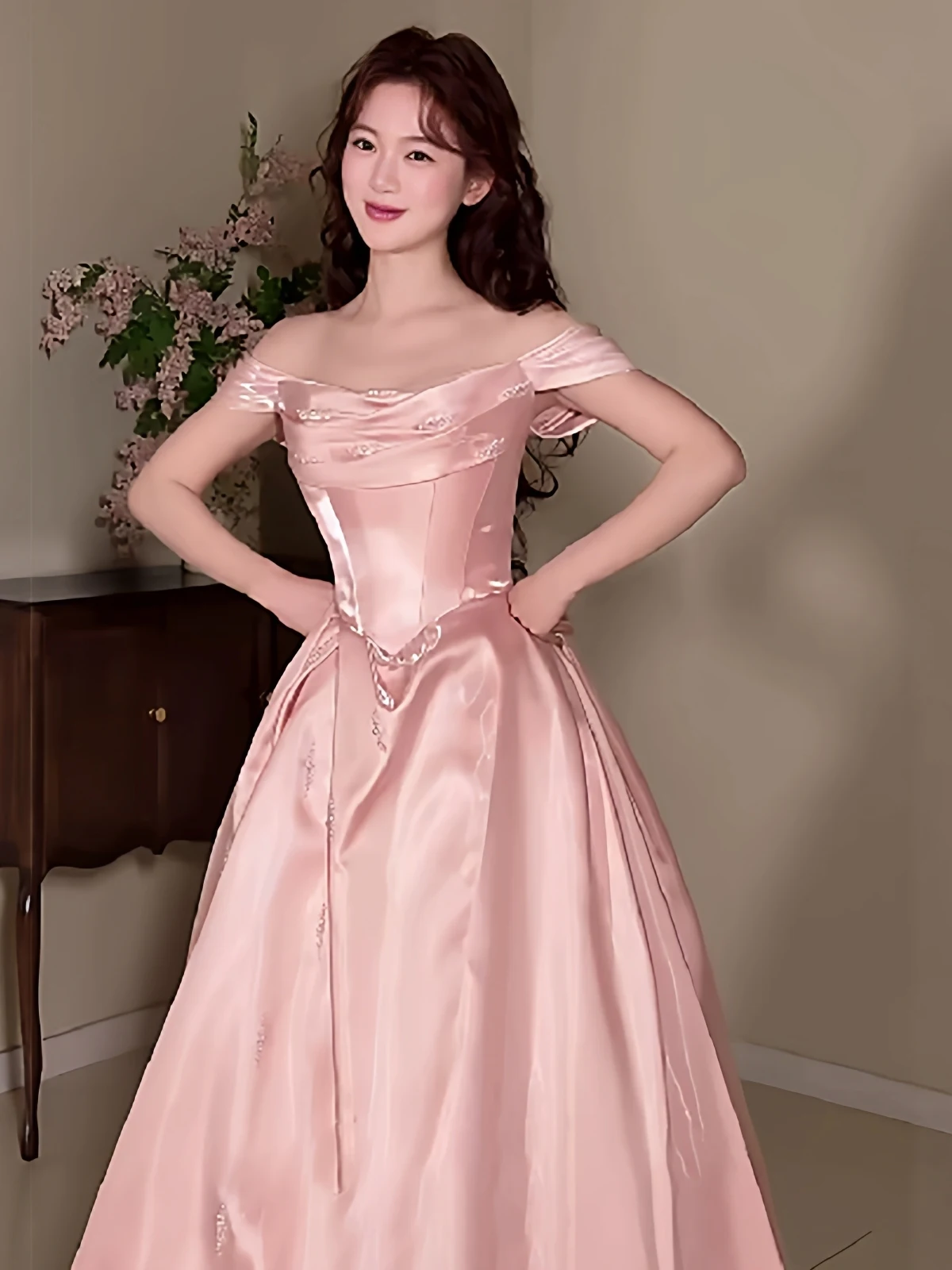 

Розовое вечернее платье в корейском стиле на одно плечо, длинное, с поясом на талии, в стиле принцессы, для торжественных мероприятий, на 18-летие, для церемоний для взрослых