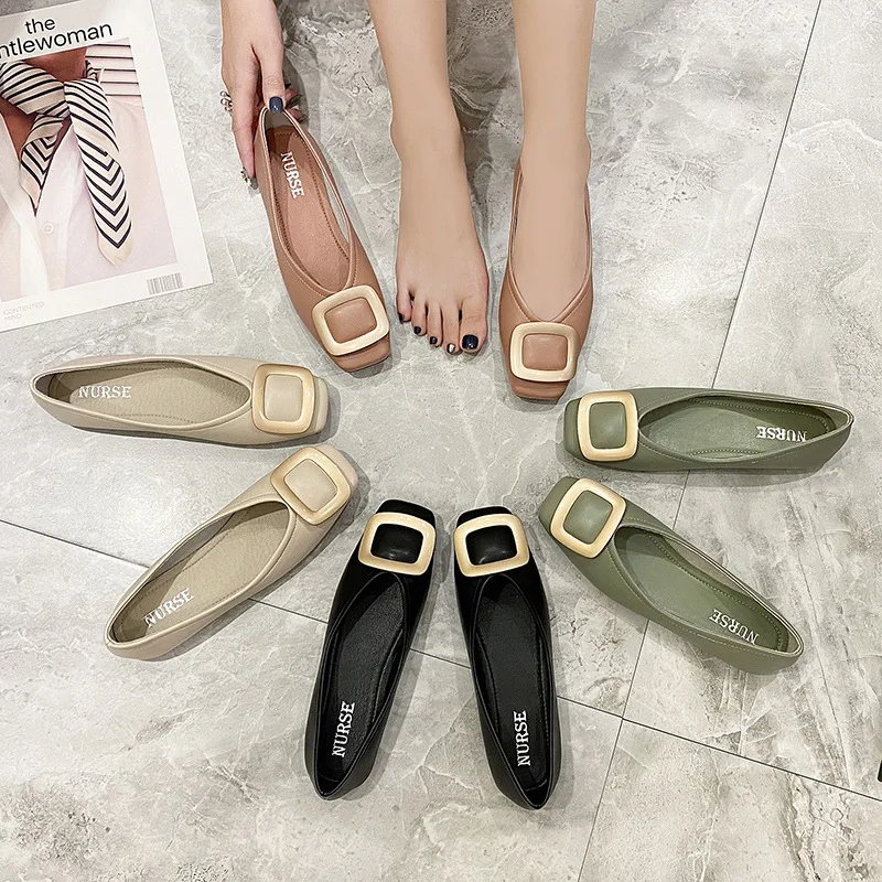 New Ballet Flats Shoes Women Flats Spring Autumn Square Buckle Soft Comfortable Plus Size Woman Shoes Ladies Casual Loafers
