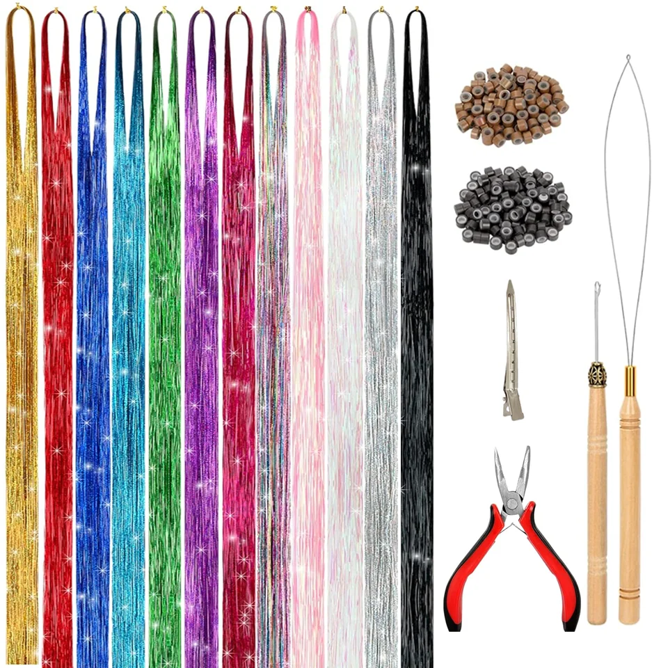 

Hair Tinsel Kit Fairy Tinsel Hair Extensions With Tool 12 Colors Heat Resistant for Christmas New Year Party 48inch