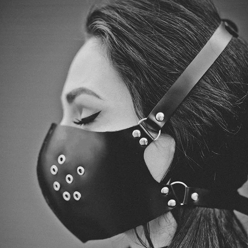 Leather Gothic Protective Face Mask Punk Rock Style Female Mouth Covering Warm Breathable Reusable Harness Masks For Women Men
