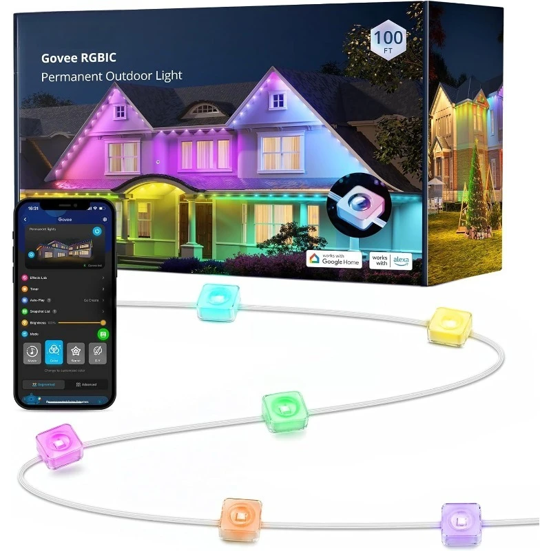 

Постоянное наружное освещение, интеллектуальный наружный декор RGBIC с 7 режимами сцены, 100 футов с 72 светодиодными лампами, водонепроницаемость IP67 для выхода