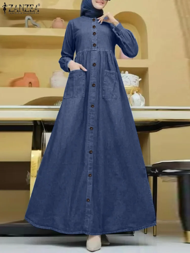 

ZANZEA Faux Denim Hijab O Neck Abaya Robes Casual Long Sleeve Muslim Islamic Gathering Maxi Dress 2025 Spring Women Vestidos