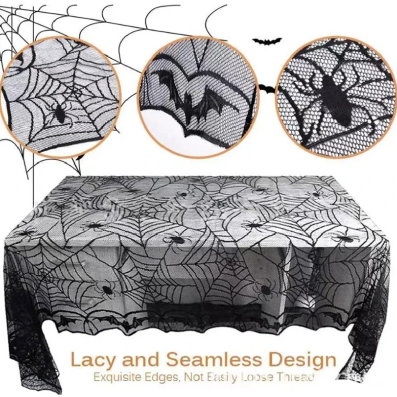1pc Halloween Bat Spider Web Black Lace Polyester Tablecloth for Holiday Party Decoration Lace Tablecloth
