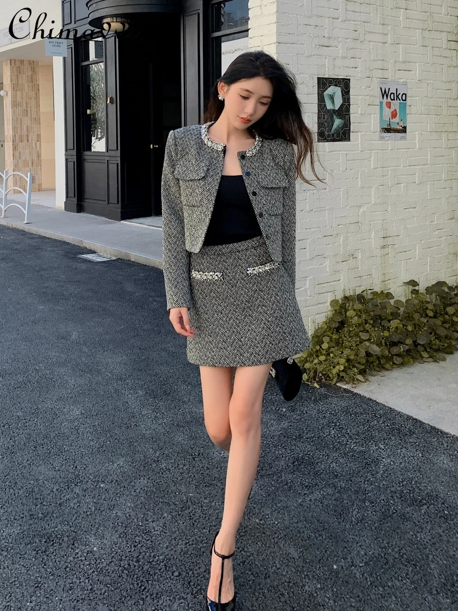 Autumn New Fashion Grey Long Sleeve Jacket Top High Waist Short Skirt Set 2024 Autumn New Elegant Party Women\'s Two-piece Set