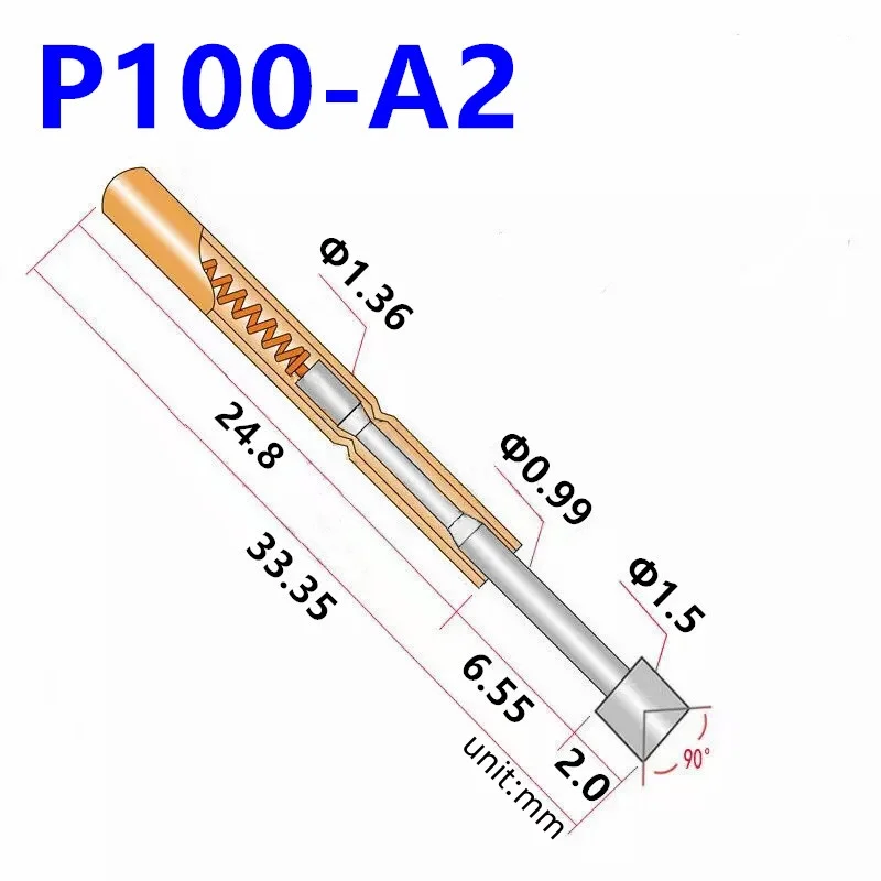 P100-A2 Lente Test Probe P100-A Test Pin PCB Test Tool 33.35mm 1.36mm Vernikkeld Tip 1.5mm Naald Pogo Pin kracht 180g 80g