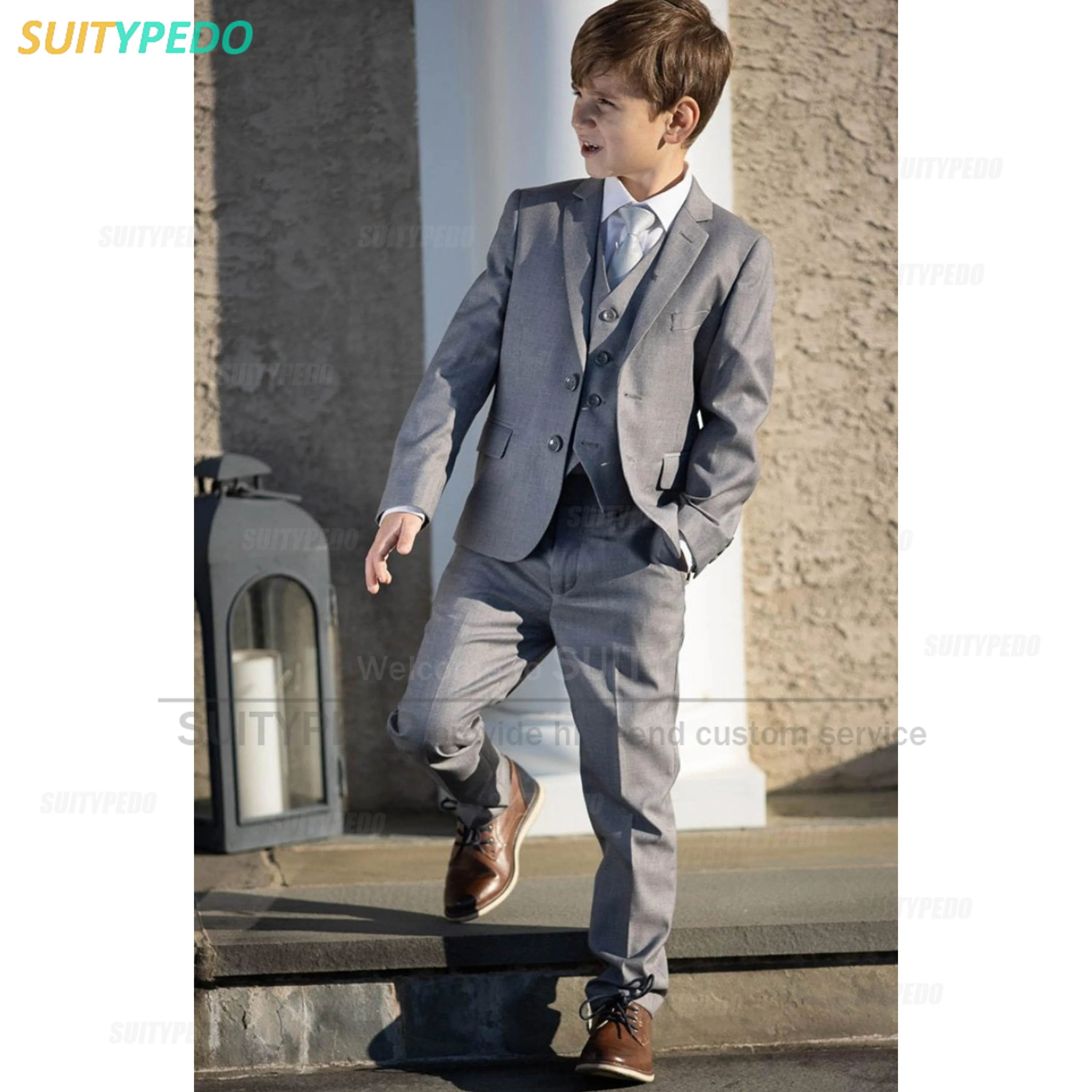 

Children's Formal Gray Suit Set Boys Birthday Party Host Costume Kids Notch Lapel Blazer Vest Pants3 Pieces Clothes