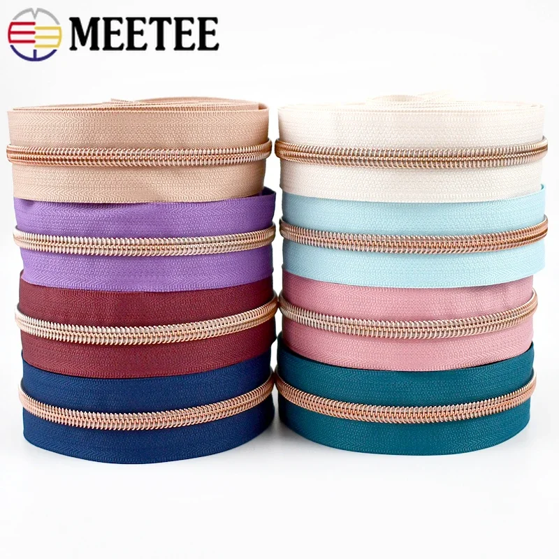 Meetee 2/3/4/5M 5# RoseGold Zipper Tape+Zippers Slider Puller Bag Pocket Sewing Closure Zip Coil Clothing Zips Head Accessories