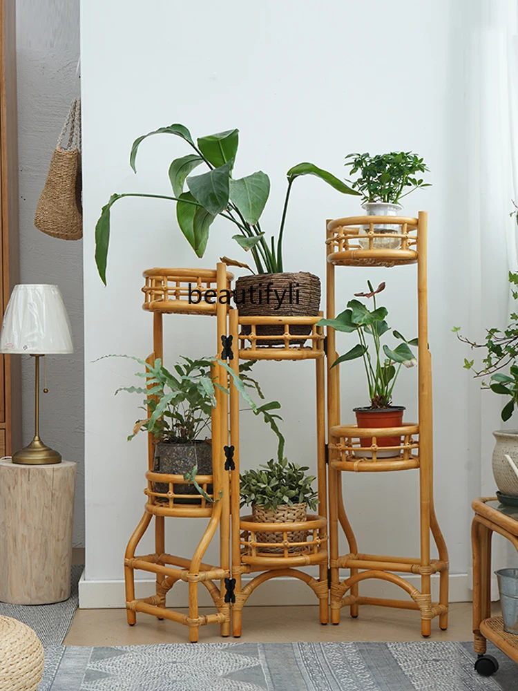 Retro Rattan Flower Stand Multi-Layer Folding Jardiniere Balcony Plant Stand Japanese Floor Home