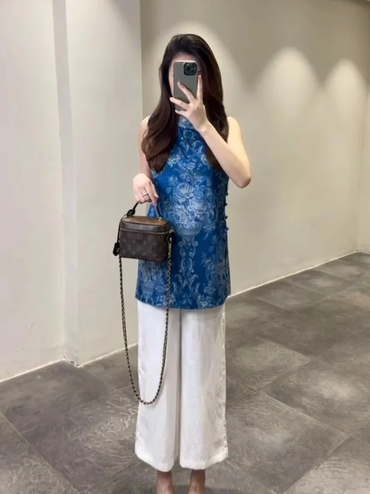 Pantalones de pierna ancha con estampado Floral azul y traje de verano para mujer, conjunto de dos piezas, nuevo traje nacional chino 2025