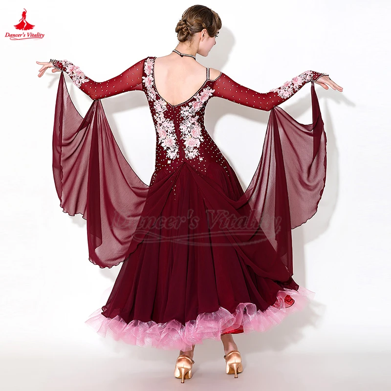 ผู้ใหญ่หญิงสังคมเต้นรํา AB หินแขนยาว Big Swing Waltz Foxtrot Quickstep มาตรฐานห้องบอลรูมการแข่งขันเสื้อผ้า