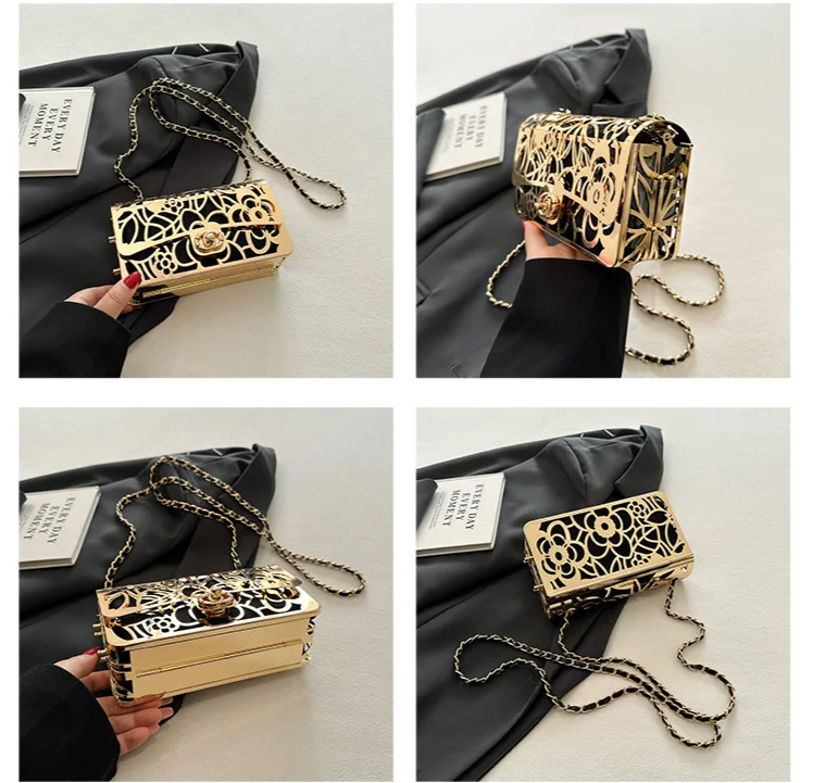 Female Metal Shoulder Crossbody Bag Luxury Designer Handbags Fashion Trendy Hollow Chain Mini Square Bags For Women