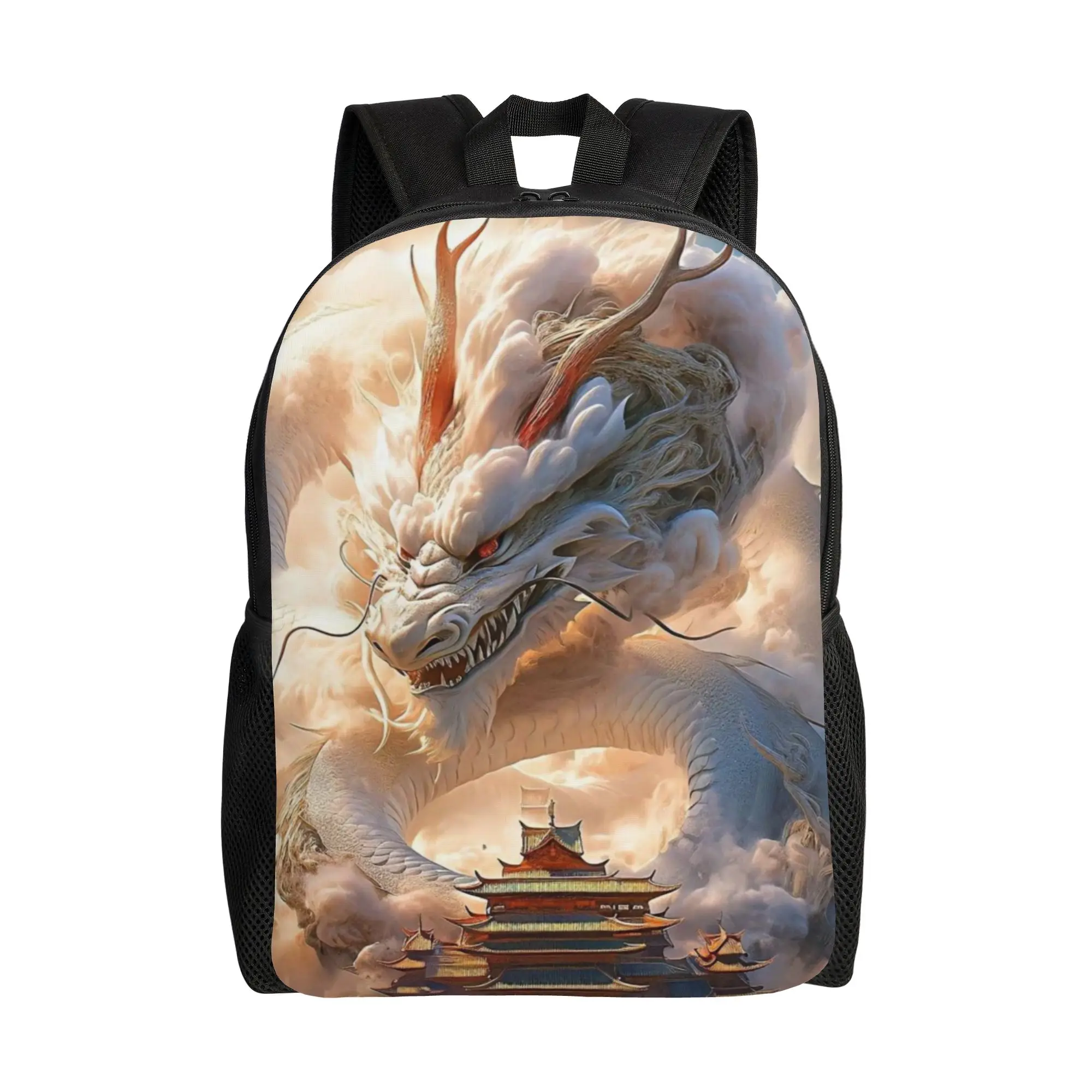 Back to school season White Chinese Dragon Cloud Temple Schoolbag  Unisex Harajuku Design Backpack