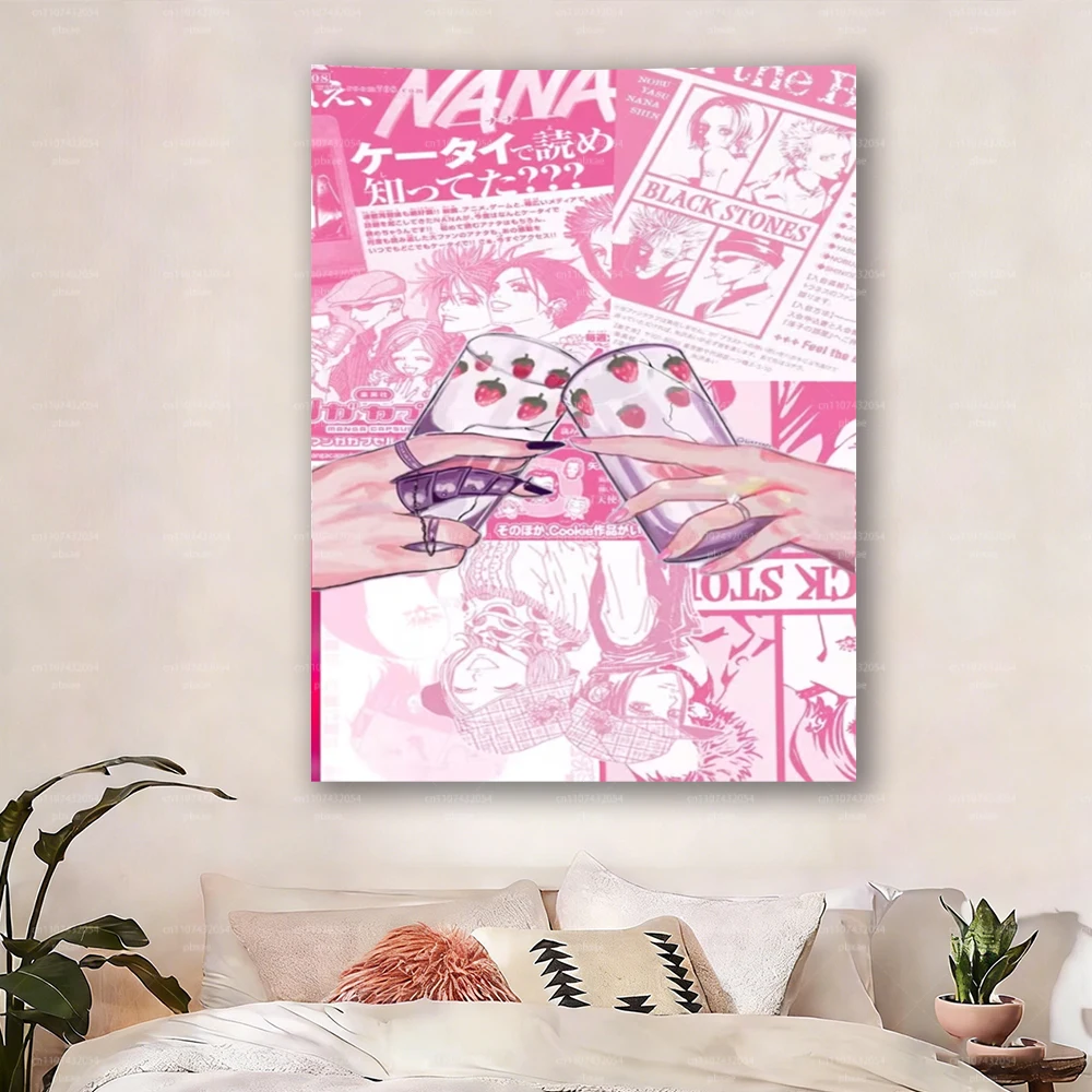 1pc  NANA Canvas Painting in Pink Comic Style Tapestry, Featuring a Strawberry Pattern High Heel Illustration. This Wall Decorat