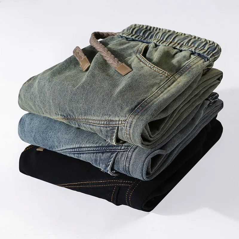 Men Vintage Fade Multi Pocket Cargo Denim Pants Braided Drawstring Waist Loose Straight Big Size Casual Trousers