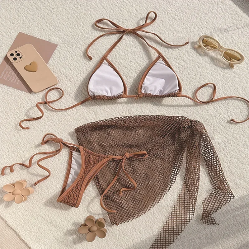 Sexy Brown Mesh Swimsuit Cover Ups Women Triangle String Micro Bikini Thong Halter Swimwear Bathing Suit 3 Piece Bikini Set 2025