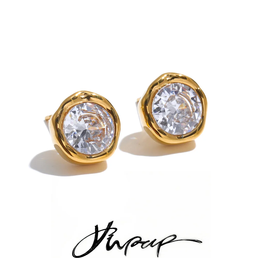 Brincos redondos de zircônia cúbica em aço inoxidável Yhpup para mulheres, joias premium de alta qualidade, delicadas e glamorosas, para presente