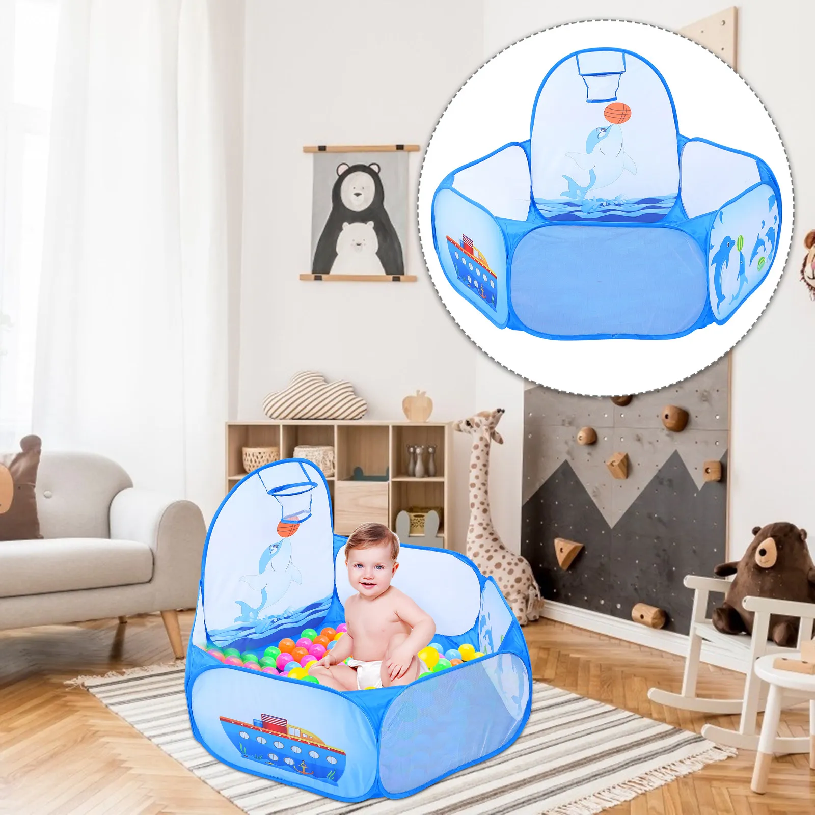 

Folding Kids Play Pool Dolphin Basketball Design Indoor Outdoor Game Tent Easy Setup Kids Ball Pool Baby Play Pit