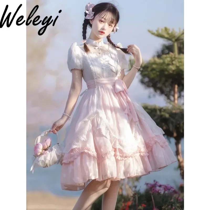 Kawaii Fashion Lolita Dress 2024 Summer New Sweet Original Flower and Poem Girl Embroidered Fold Short Sleeved Flounced Dresses