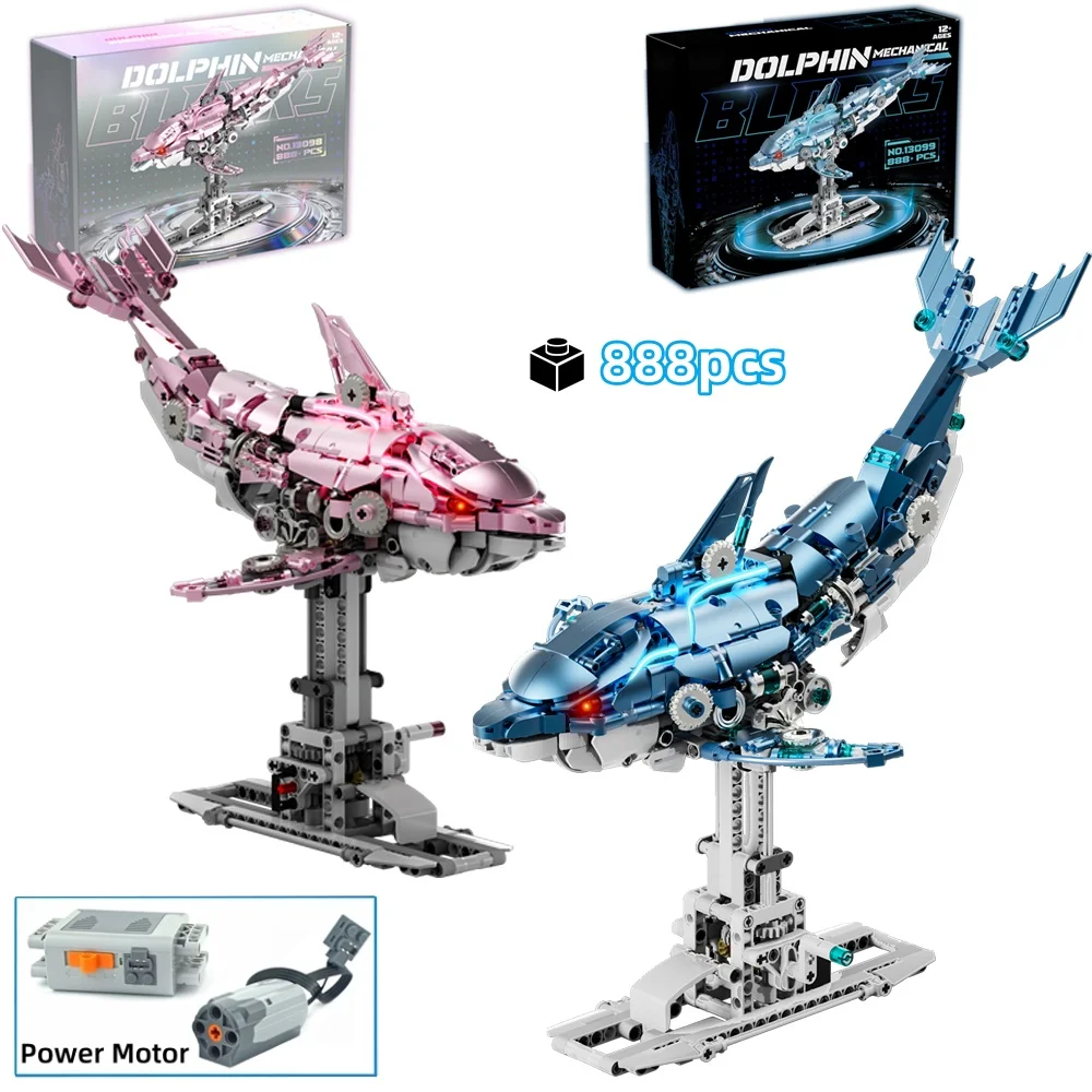 

FUNXINEE 888Pcs Mechanical Dolphin Building Block Set Pink Blue Ocean Creature Linkage Motorized Light MOC 3D Desktop Model Gift