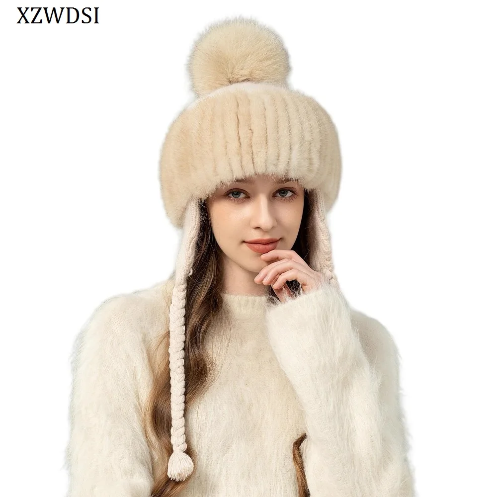 Real Mink Fur Band Knit Women Hats Winter Wool Caps Thick Earflap Russia Female Slouchy Bonnets