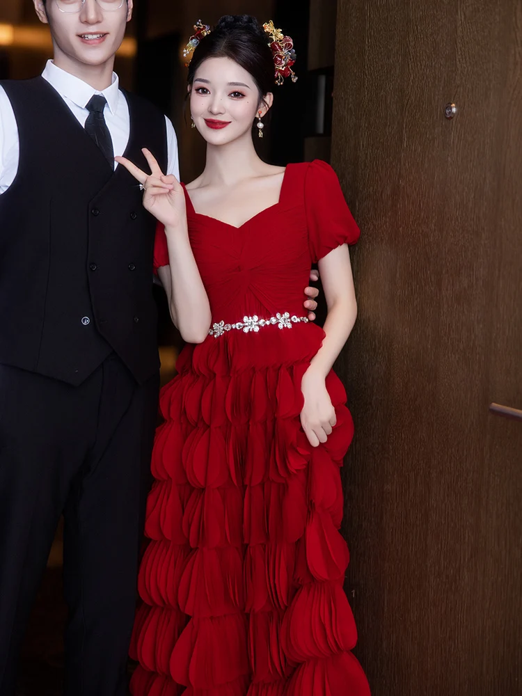 

Красное длинное пышное платье для выпускного вечера, свадебное или вечернее платье с коротким рукавом для церемонии