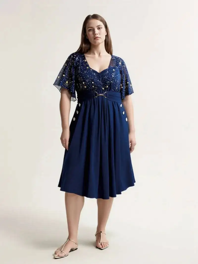 Fashion Women's Plus Size Explosions Star Print Button Pocket Pleats Butterfly Sleeve Elegant Temperament Dress Tops