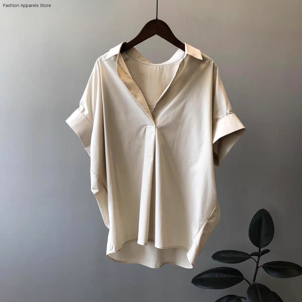 

Fashion V-neck Flip Collar T-shirt Crop Top Y2K Short Sleeve Blouse Chic Loose Basic Tees Shirts Women Female