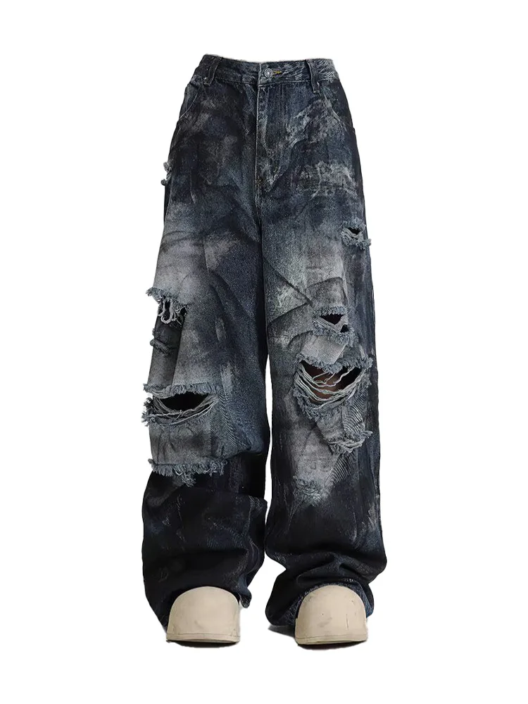 

Women's Deep Blue Bow Jeans Y2K Korean Edition Harajuku High Street Oversize 90s Aesthetic Wide Leg Retro Pants Jeans Clothing