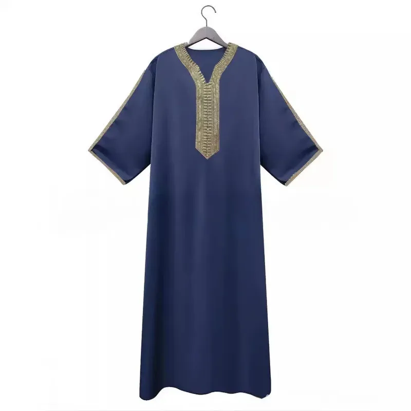 Eid Ramadan Raya Men'S Casual Thobe Blouse Mens Summer Middle Sleeved Lace Robe Solid Color Loose Business Shirt Arabic Robe