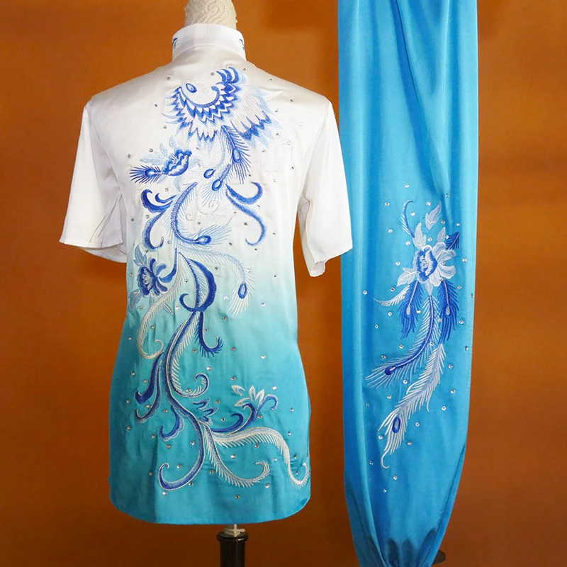 Blue White Embroidered Phoenix Wushu Uniform Men Women Kung Fu Suit Changquan Nanquan Kids Youth Adult Pro Competition Custom