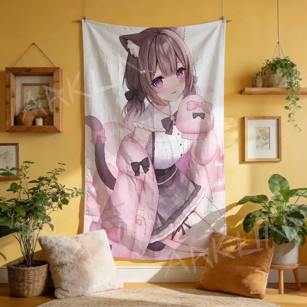 Hot Cute Sweet Pastel Anime Style Wall Tapestry, Cute Cat Rabbit Ear Girls Print Girly Manga Art Backdrop Bedroom Wall Decor
