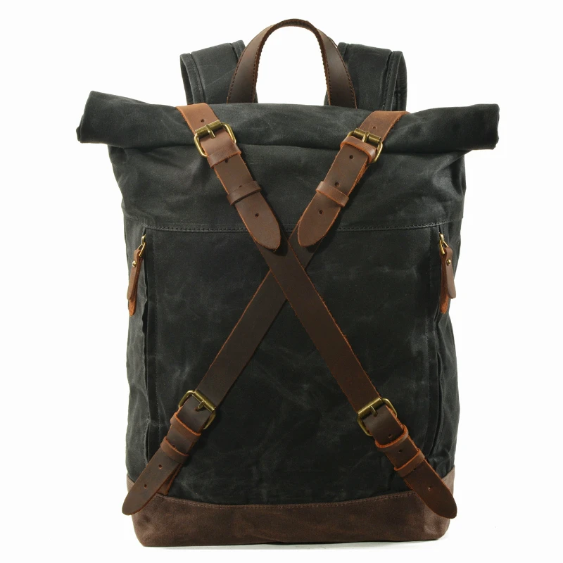 30L Luxury Vintage Canvas Back Packs for Men Oil Wax Canvas Leather Travel Back Pack Large Waterproof Day Packs Retro Bag Pack