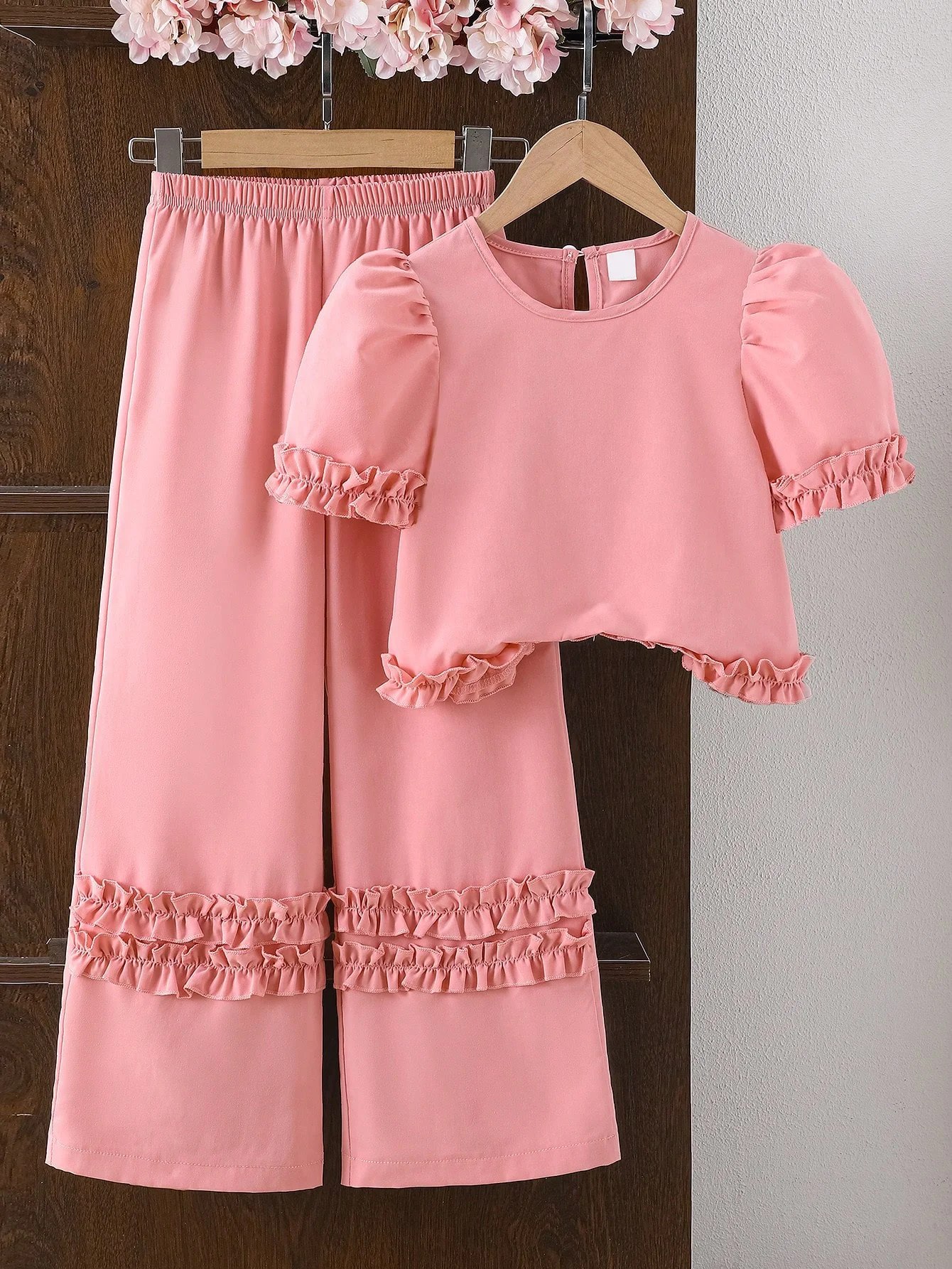 Girls Fashion Spring/Summer Pink Ruffled Lace Puff Sleeve Top + Long Pants 2-Piece Set