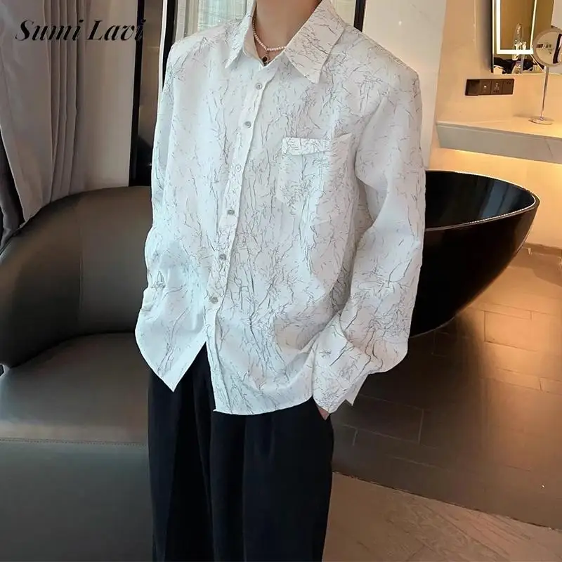 

Повседневные мужские рубашки в полоску с длинным рукавом и принтом, весенне-осенняя винтажная рубашка на пуговицах, мужская модная тонкая рубашка с отложным воротником