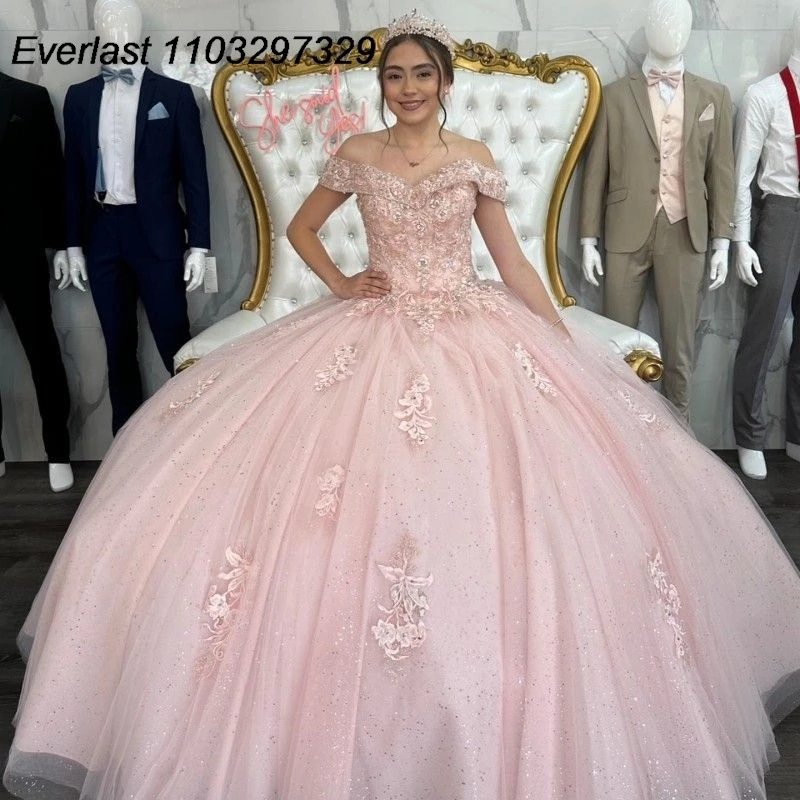 

EVLAST Glitter Pink Quinceanera Dress Ball Gown Lace Applique Beading Crystals Corset Sweet 16 Vestidos De XV 15 Anos TQD667