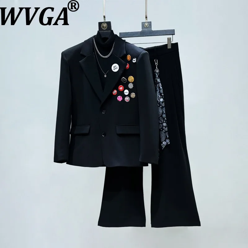 

WVGA Spring Autumn New Men Tide High-End Brooch Badge Trendy Shoulder Padded Blazers Niche Slightly Flared Suit Pants Set W18954