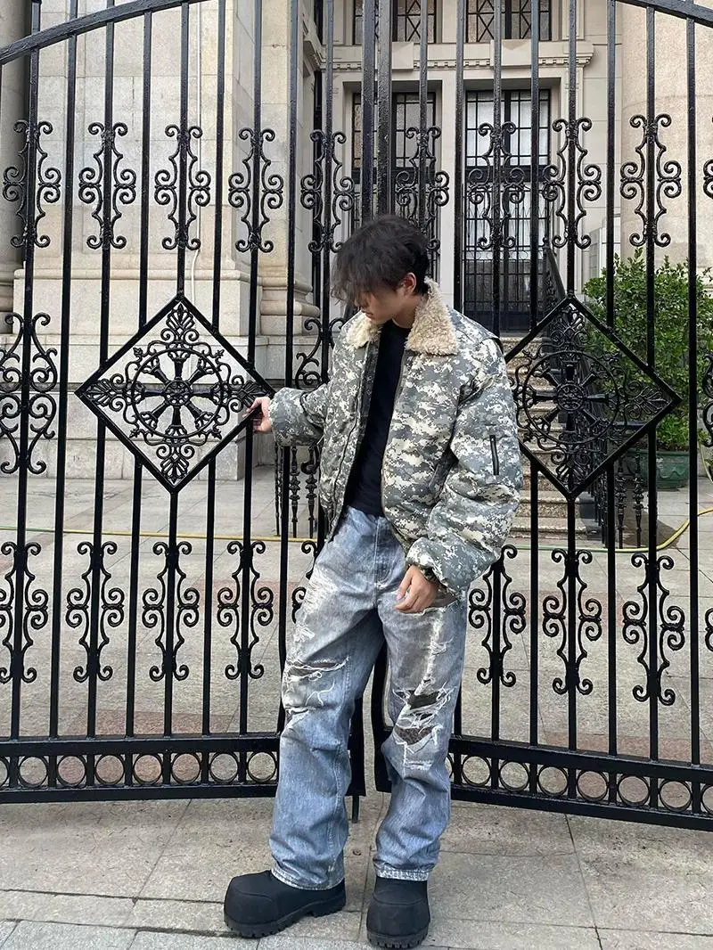 

Американская спортивная куртка-бомбер для мужчин, осенне-зимняя, со съемным меховым воротником, теплая, камуфляжная, хлопковая одежда