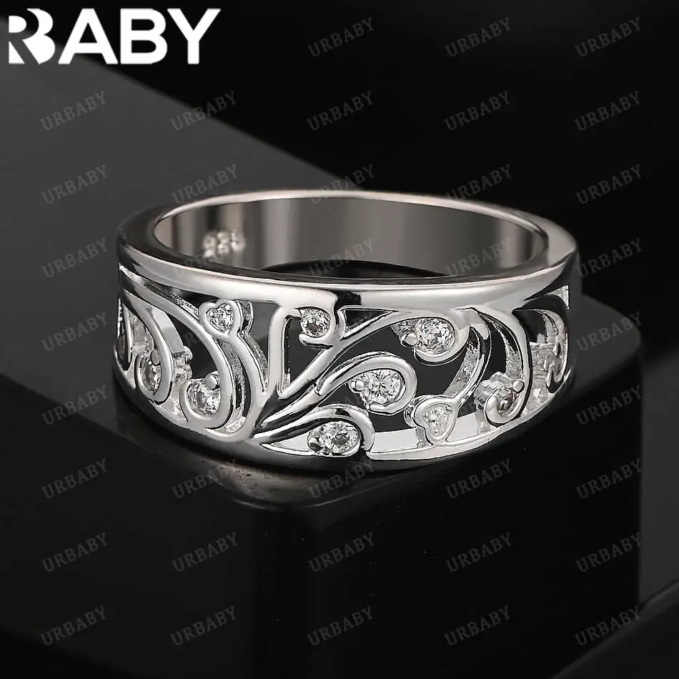 

URBABY 925 Sterling Silver Zircon Pattern Ring For Women Fashion Jewelry Vintage Grace Charm Noble Party Birthday Gifts