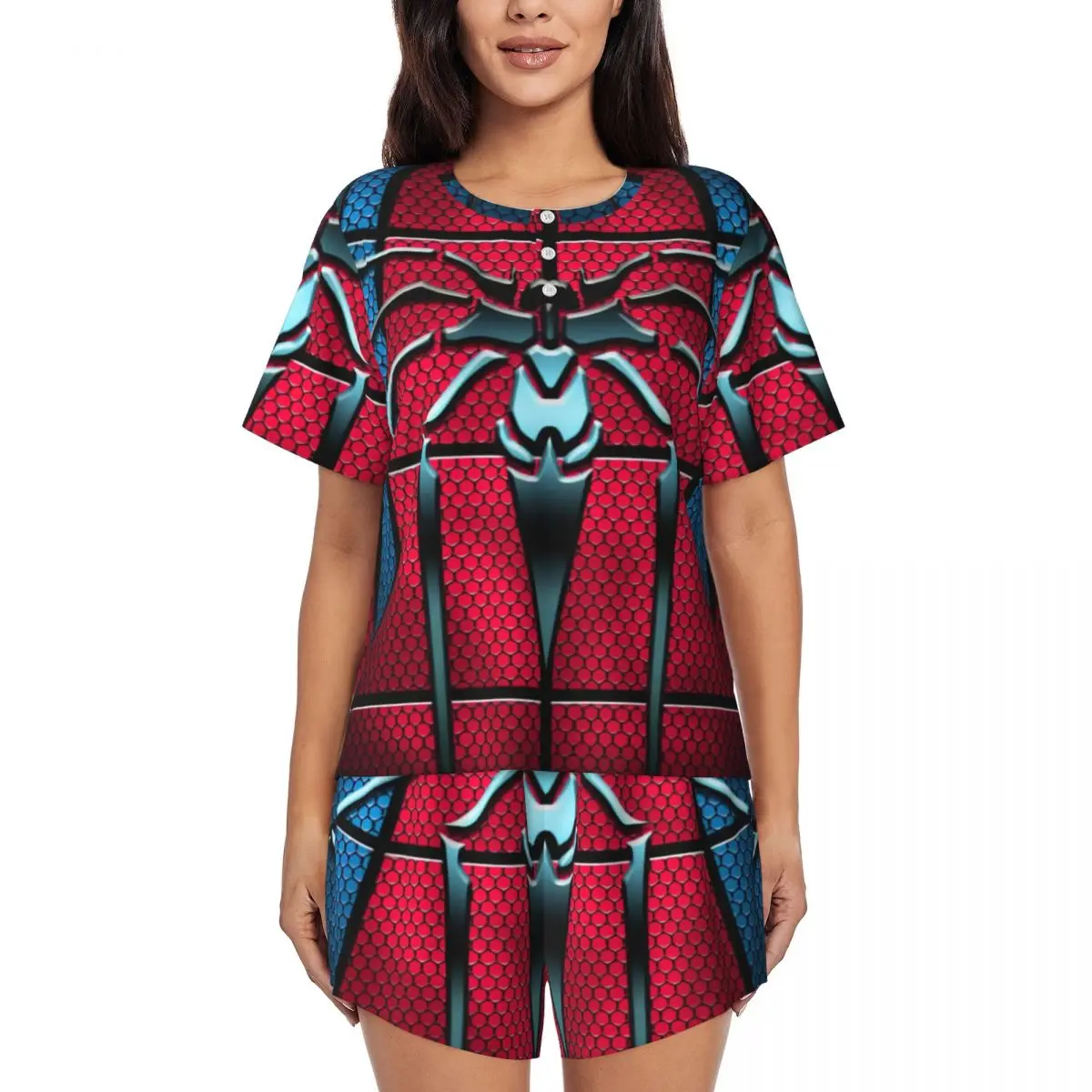 Custom Printed Women Animated Anime Spider Man Pajamas Set Spider Web Two-piece Pjs Sets Short Sleeve Sleepwear Loungewear