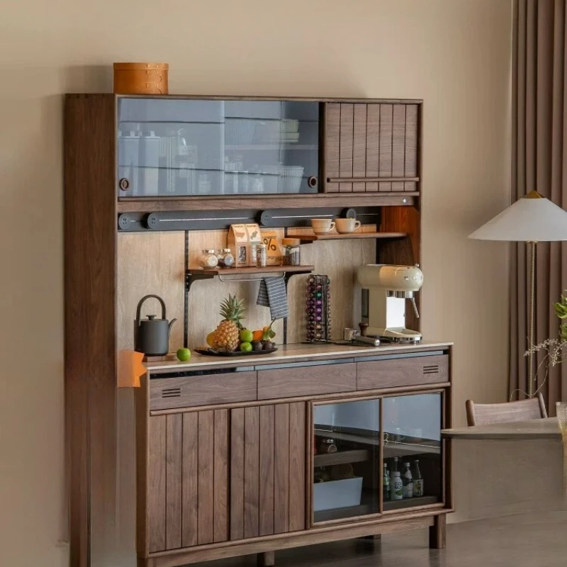 Solid wood rock slab, black walnut against the wall, integrated travertine cabinet, storage, tea and wine cabinet