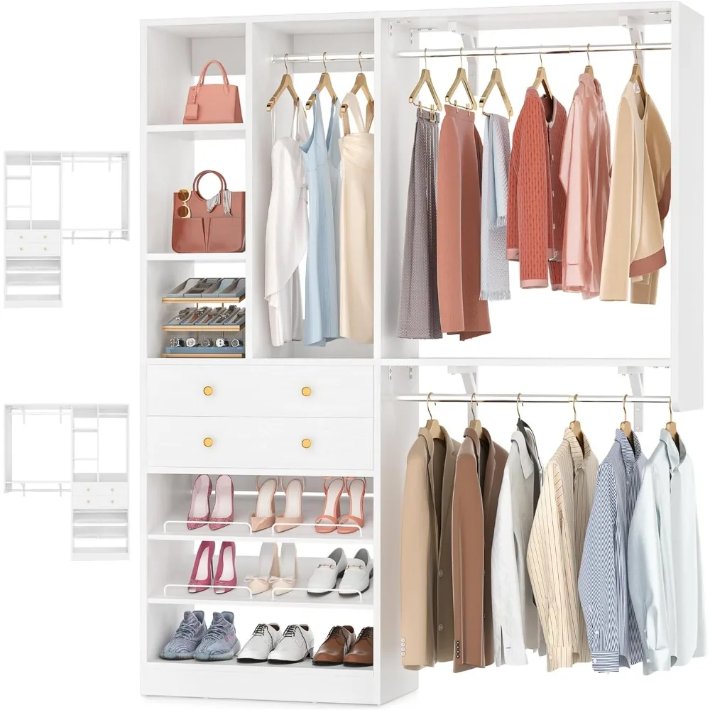 

5FT Small Closet System with Drawers, 60" Closet Organizer System with Reversible Hanging Shelving, Customizable Storage Solutio