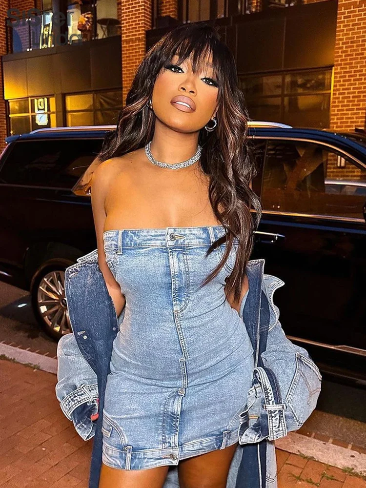 

Sisterlinda Denim Y2K Strapless Mini Dress Women Summer Hipster Sleeveless Button Buttocks Hip Pockets Bodycon Female Attirewear