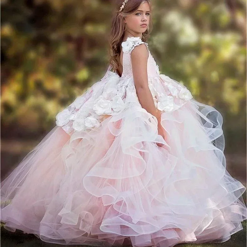 

Flower Girl Dress Fluffy Lace Appliques Cascading Child Baby Girl Dress Wedding Birthday Party First Communion Holiday