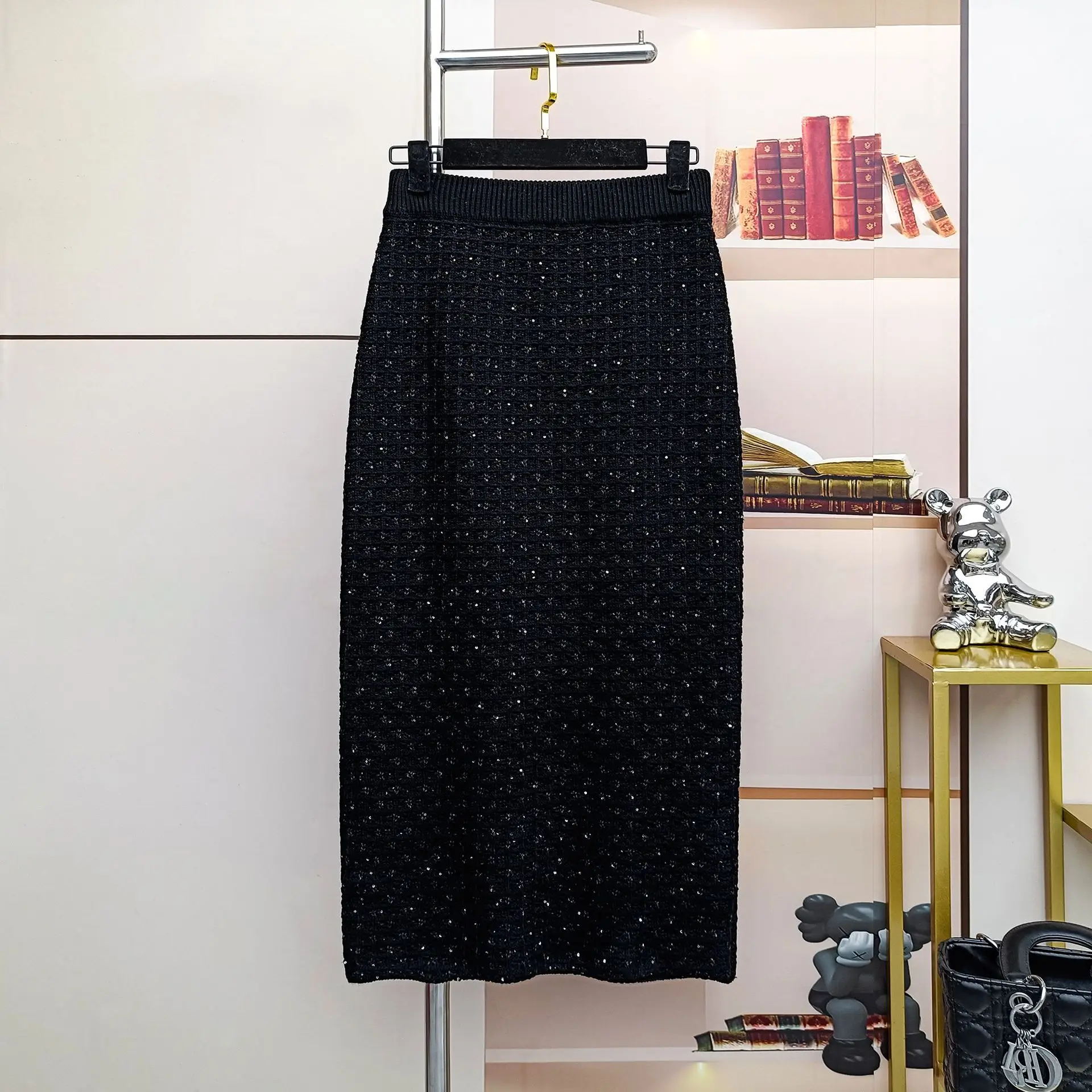 ZJYT Autumn Winter Thick Crystal Buttons Sweater Skirt 2 Piece Clothing Sets Elegant Office Lady Party Outfit Fashion Suit Black